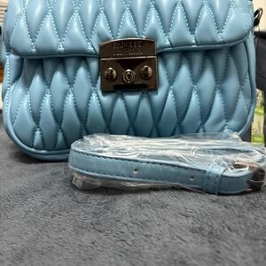 Blue Quilted Women's Bag Leaving Discounted Due To 3 Small White Dots Above Logo